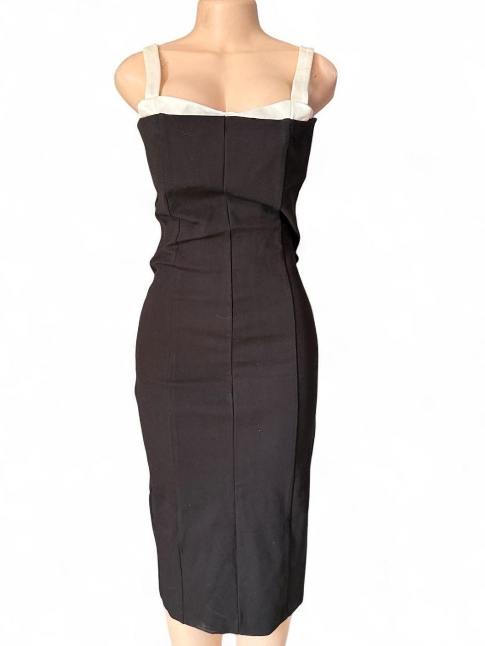 Camila Coelho Black Midi Sheath Dress with Cream Straps
